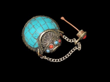 Antique Turquoise Inlaid Snuff Bottle. Beautiful Example, Top Pulls out with a tiny Spoon Attached.
