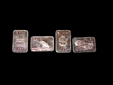 Lot of 4 Mini Solid Silver Bars, 1 Gram Each, Silver Bullion