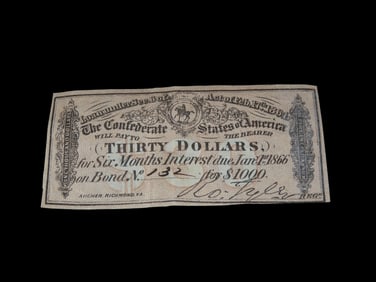 Civil War Confederate States $30 Bond Note, Dated Feb. 17th, 1864. Original Hand Signed Document