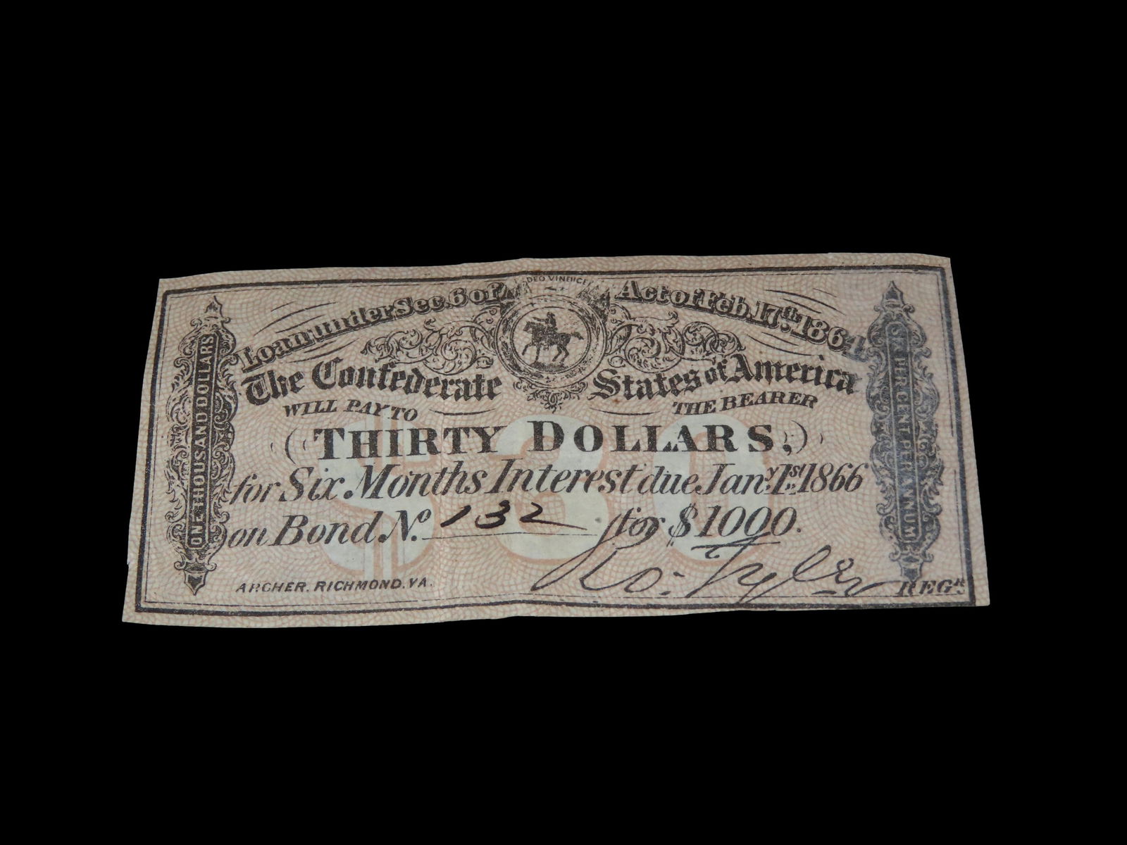 Civil War Confederate States $30 Bond Note, Dated Feb. 17th, 1864. Original Hand Signed Document (1 of 3)