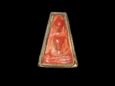 Antique Chinese Carved Stone Religious Buddha Pendant, Wrapped in Bronze Bezel, Great Vintage Piece