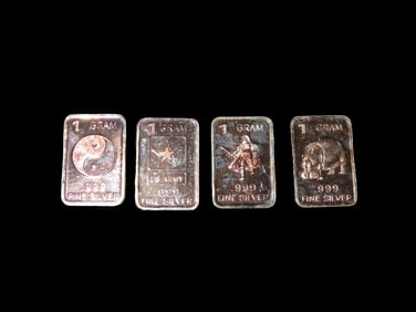Lot of 4 Mini Solid Silver Bars, 1 Gram Each, Silver Bullion