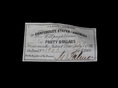 Civil War Confederate States $40 Bond Note, Dated August 19th, 1861. Original Hand Signed Document