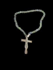 Roman Bronze Cross & Glass Bead Necklace, Great Old Example with Nice Patina