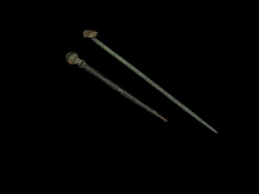 Great Pair of Ancient Roman Bronze Hairpins, Needles, Awls. Very Nicely Decorated Examples.