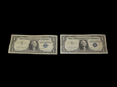 Pair of 1957 Blue Seal Silver Certificates, Great Condition, United States Currency, One Dollar,
