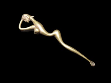 Vintage Brass Snuff Spoon / Ear Scoop, Nude Female Figure