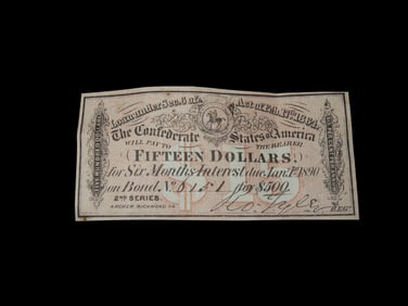 Civil War Confederate States $15 Bond Note, Dated Feb. 17th, 1864. Original Hand Signed Document