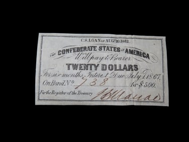 Civil War Confederate States $20 Bond Note, Dated August 19th, 1861. Original Hand Signed Document