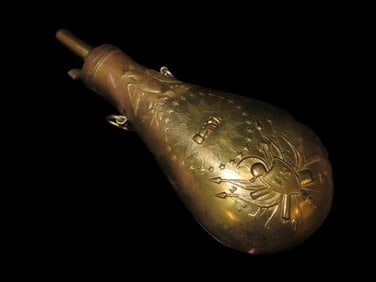 Nice Civil War Era Powder Flask, Nicely Decorated. Very Elaborate Design, Great Age & patina.