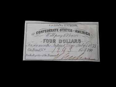 Civil War Confederate States $4 Bond Note, Dated August 19th, 1861. Original Hand Signed Document