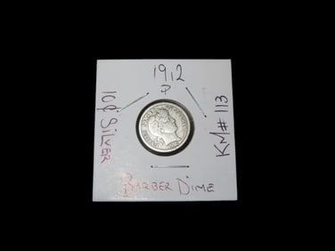 1912 Barber Silver Dime, Great Original F-VF United States Silver Coin, U.S. Currency