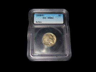 HIGH GRADE 1938-D Buffalo Nickel, MS-64 ICG Slabbed & Graded, Amazing Original Condition with great