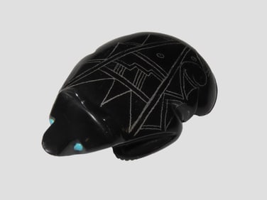 Zuni Fetish, Bear Effigy with Turquoise Inlays Eyes & Engraved Decoration Along the Body. Great