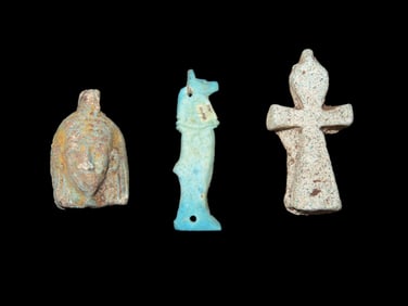 Lot of 3 Egyptian Amulets / Ushabti, 664-332 BC, Faience, Includes Son of Horus, Duamutef, Nice