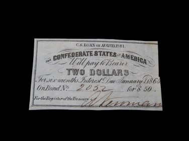 Civil War Confederate States $2 Bond Note, Dated August 19th, 1861. Original Hand Signed Document