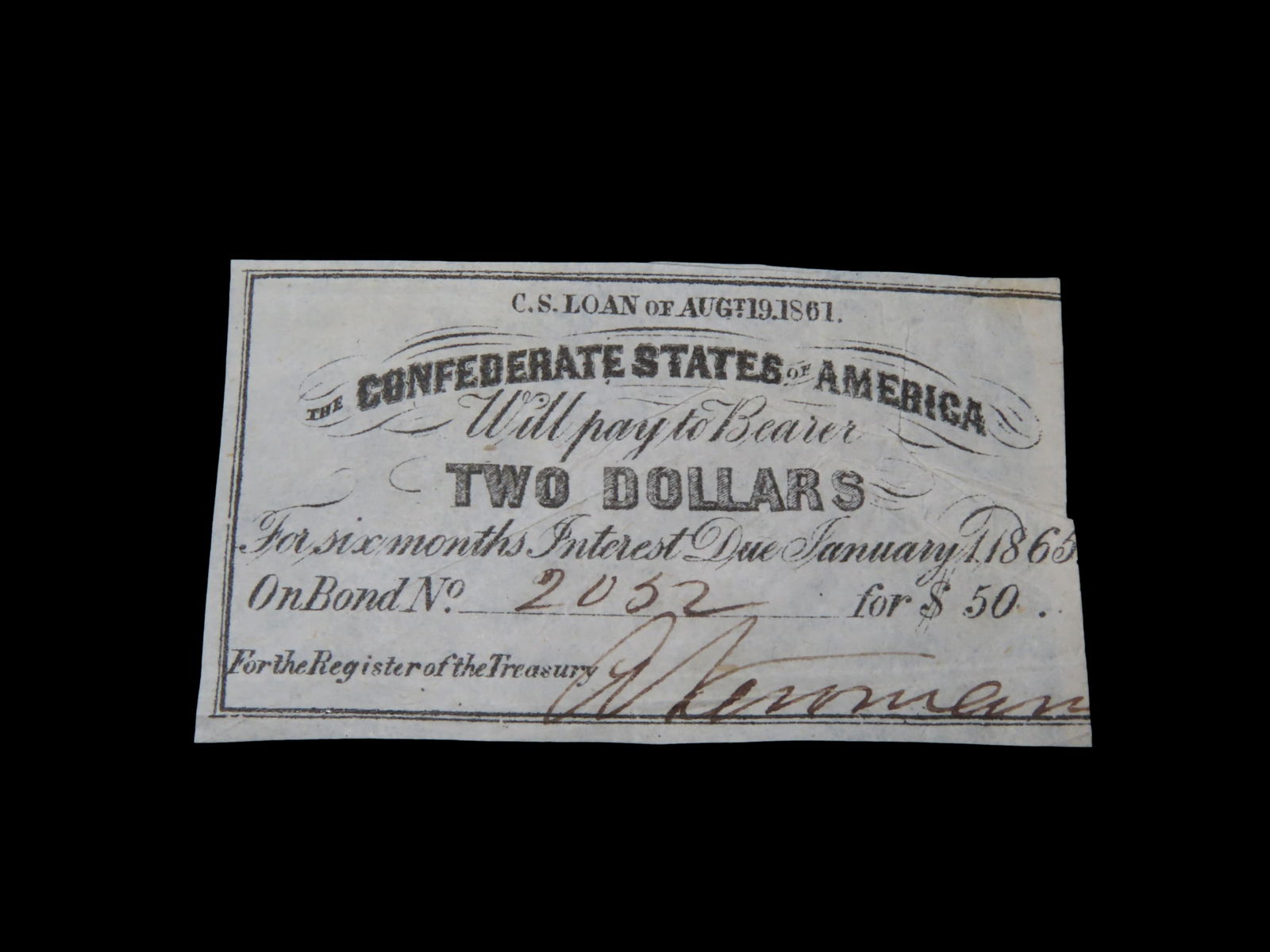 Civil War Confederate States $2 Bond Note, Dated August 19th, 1861. Original Hand Signed Document (1 of 3)