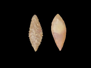 Amazing Pair of HIGH GRADE African Neolithic Willow leaf Arrowheads, one Serrated, Thin with Great