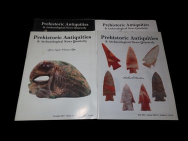 LOT OF 4 PREHISTORIC ANTIQUITIES MAGAZINE, INCLUDING THE FAMOUS SPIRO MOUND EAGLE PIPE!