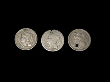 Lot of 3 Three Cent Coins, 2 with Holes, One has Rim Nick, All Nice Old Obsolete Coins, US Currency