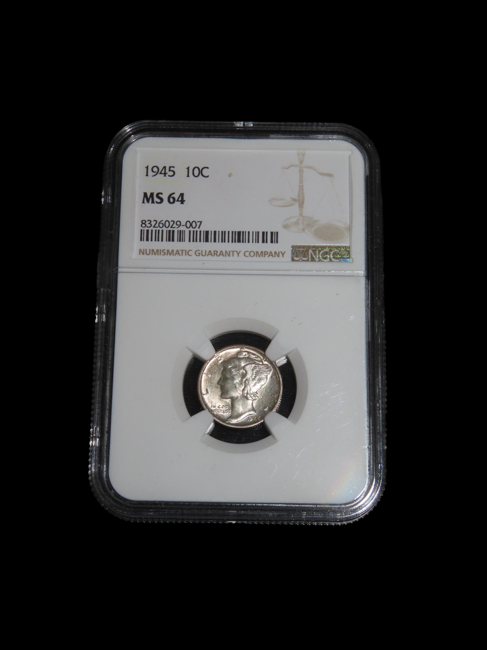 HIGH GRADE 1945 Mercury Dime, MS-64, NGC Slabbed & Graded, Amazing Brilliant Uncirculated Condition, (1 of 3)