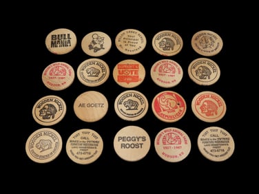 Lot of 20 Antique Wooden nickels, Vintage Advertising