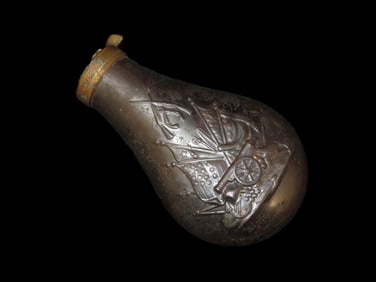 Nice Civil War Era Powder Flask, Nicely Decorated w/ Crossed Guns, Cannon, and Several Flags. Very