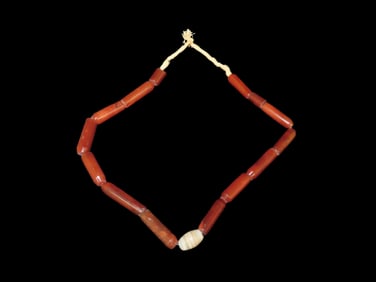 Beautiful Necklace of Translucent Red Quartz Beads & One Striped Agate Bead in Center. Great