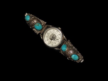 Antique Vintage Turquoise Watch with an Indian in the Background
