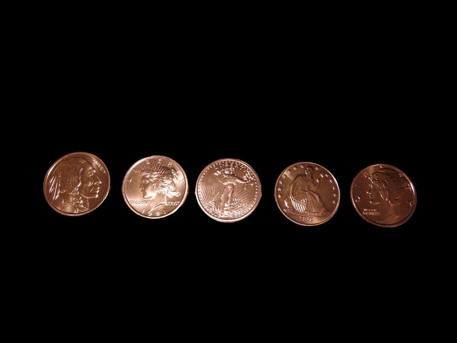 Lot of 5 One Ounce Copper Coins. All Different. Morgan Dollar, Peace Dollar, Mercury Dime, Buffalo (1 of 3)