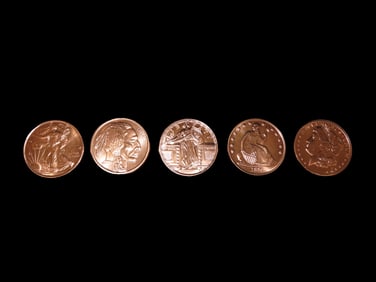 Lot of 5 One Ounce Copper Coins. All Different. Morgan Dollar, Peace Dollar, Mercury Dime, Buffalo