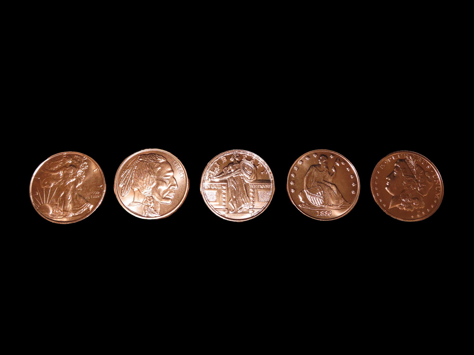 Lot of 5 One Ounce Copper Coins. All Different. Morgan Dollar, Peace Dollar, Mercury Dime, Buffalo (1 of 3)