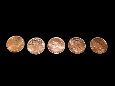 Lot of 5 One Ounce Copper Coins. All Different. Morgan Dollar, Peace Dollar, Mercury Dime, Buffalo