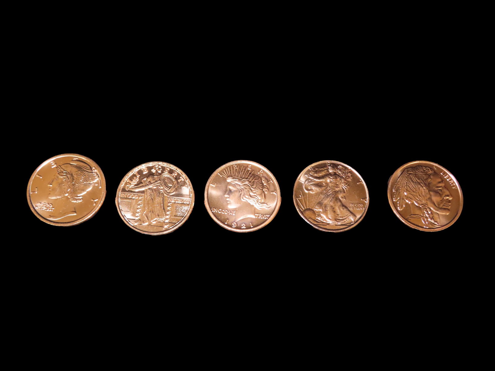 Lot of 5 One Ounce Copper Coins. All Different. Morgan Dollar, Peace Dollar, Mercury Dime, Buffalo (1 of 3)