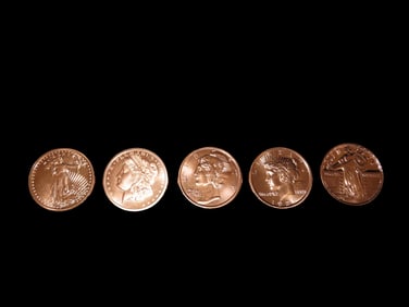 Lot of 5 One Ounce Copper Coins. All Different. Morgan Dollar, Peace Dollar, Mercury Dime, Buffalo