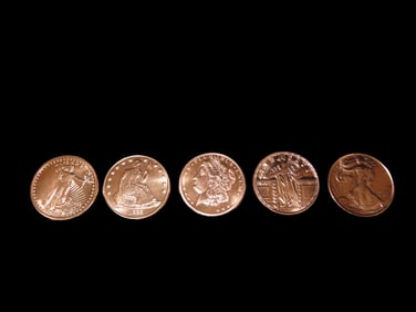 Lot of 5 One Ounce Copper Coins. All Different. Morgan Dollar, Peace Dollar, Mercury Dime, Buffalo
