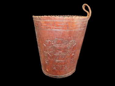 Outstanding 10 1/2" Leather Peruvian Basket with Wonderful Etchings. Great Display Item