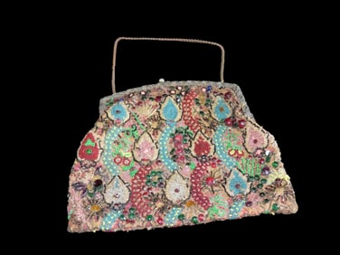 10" x 9" Antique Hand Beaded Floral Clutch