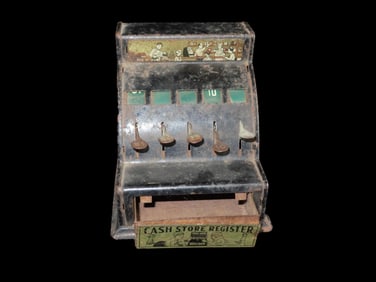 4 1/2" X 4 3/4" Cash Register Mechanical Bank, Antique Steel Toy