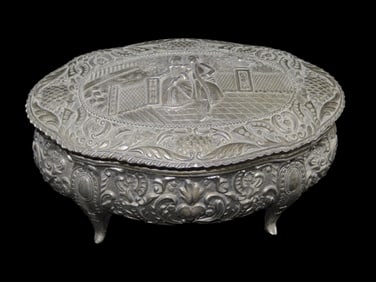5 3/4" Japan Embossed Floral Silvertone Jewelry Box