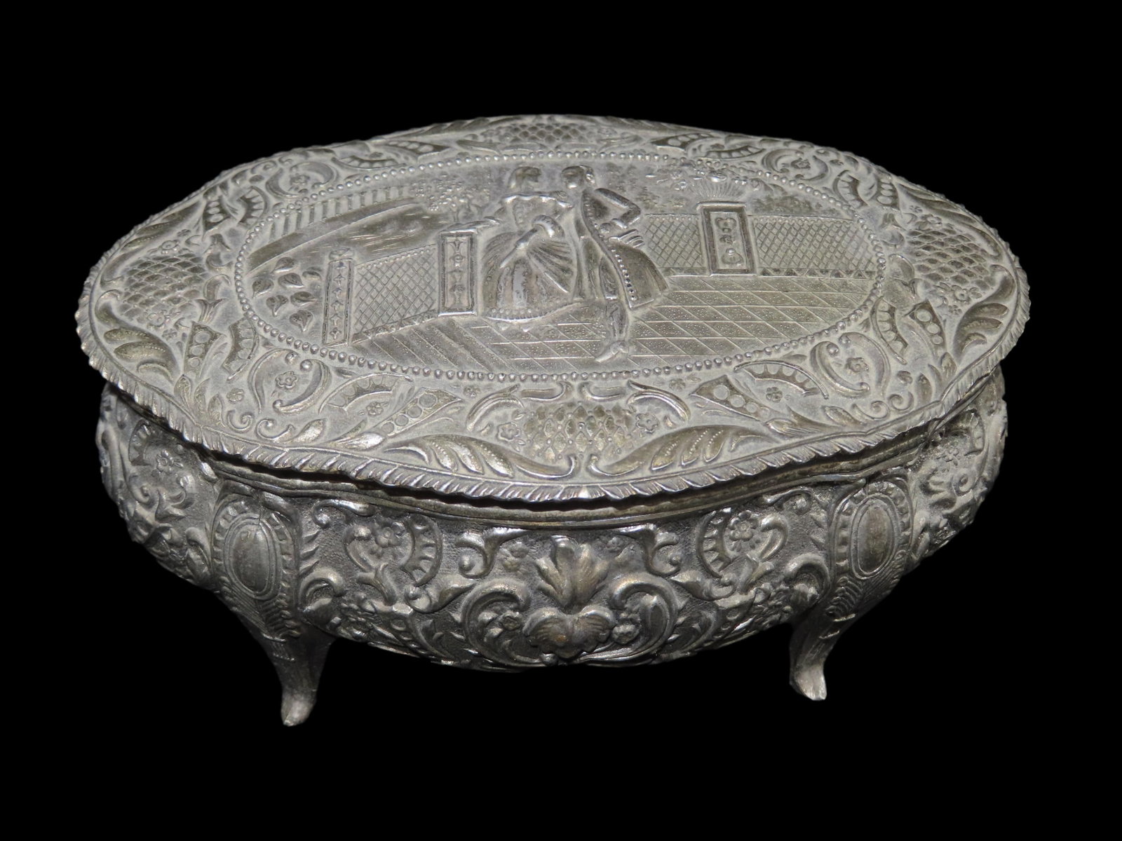 5 3/4" Japan Embossed Floral Silvertone Jewelry Box: 5 3/4" Japan Embossed Floral Silvertone Jewelry Box