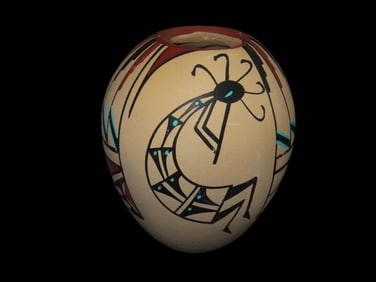 4" Lorraine Chinana signed, ca 2000 Polychrome Jar, Jemez Pueblo New Mexico,With COA