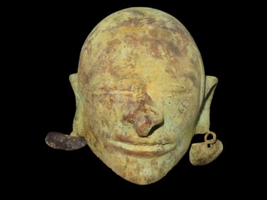 3" Rare Pre-Columbian Copper Head Sculpture, with Ear Jewelry and featuring the Elongated Skull of t