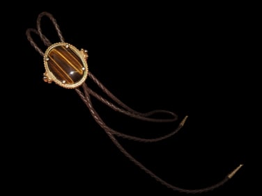 Vintage Leather Bolo Tie with Large Tiger Eye Slide