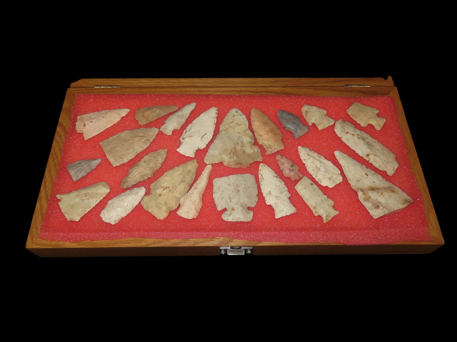 Quality 16" x 8" Hardwood Frame containing 23 Arrowheads found by Josh Hamilton in Brown Co., , (1 of 6)