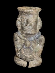 5 1/2" x 3" Pre-Columbian Human Effigy Figure, holding child. Incense or offering holder?, repair to