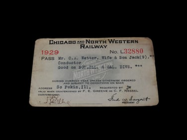 1929 Chicago & North Western Railway Pass For Conductor and Family, out of Pekin, IL