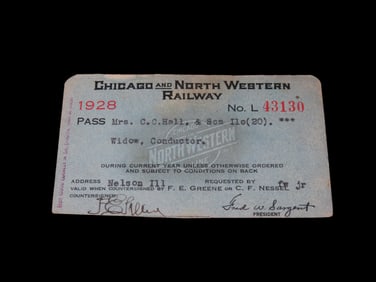 1928 Chicago & North Western Railway Pass for Conductor's Widow and Son, out of Nelson, IL