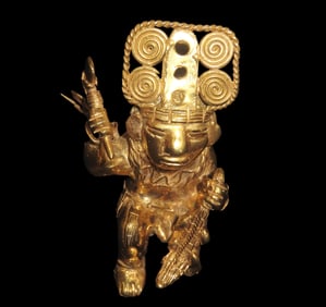 179g 4 5/8" Rare Large Tairona Tumbaga Effigy Pendant, depicts Hunter carrying several weapons and
