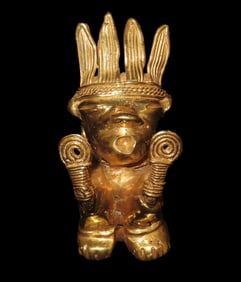 55g 2 7/16" Pre-Columbian Tairona Tumbaga Effigy Pendant, Shaman or Dancer, carrying rattles, with